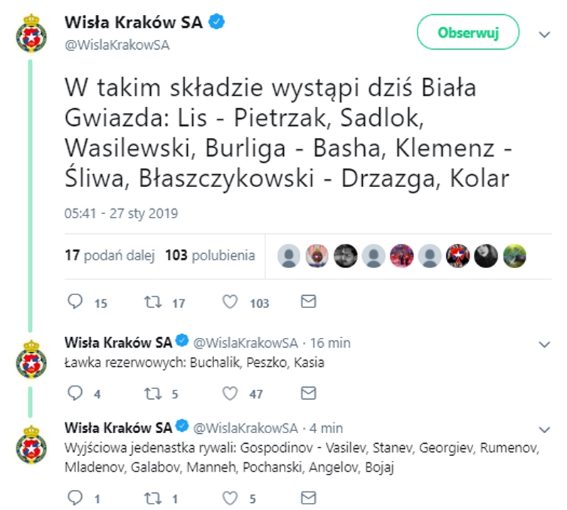 SKŁAD Wisły Kraków na mecz sparingowy!